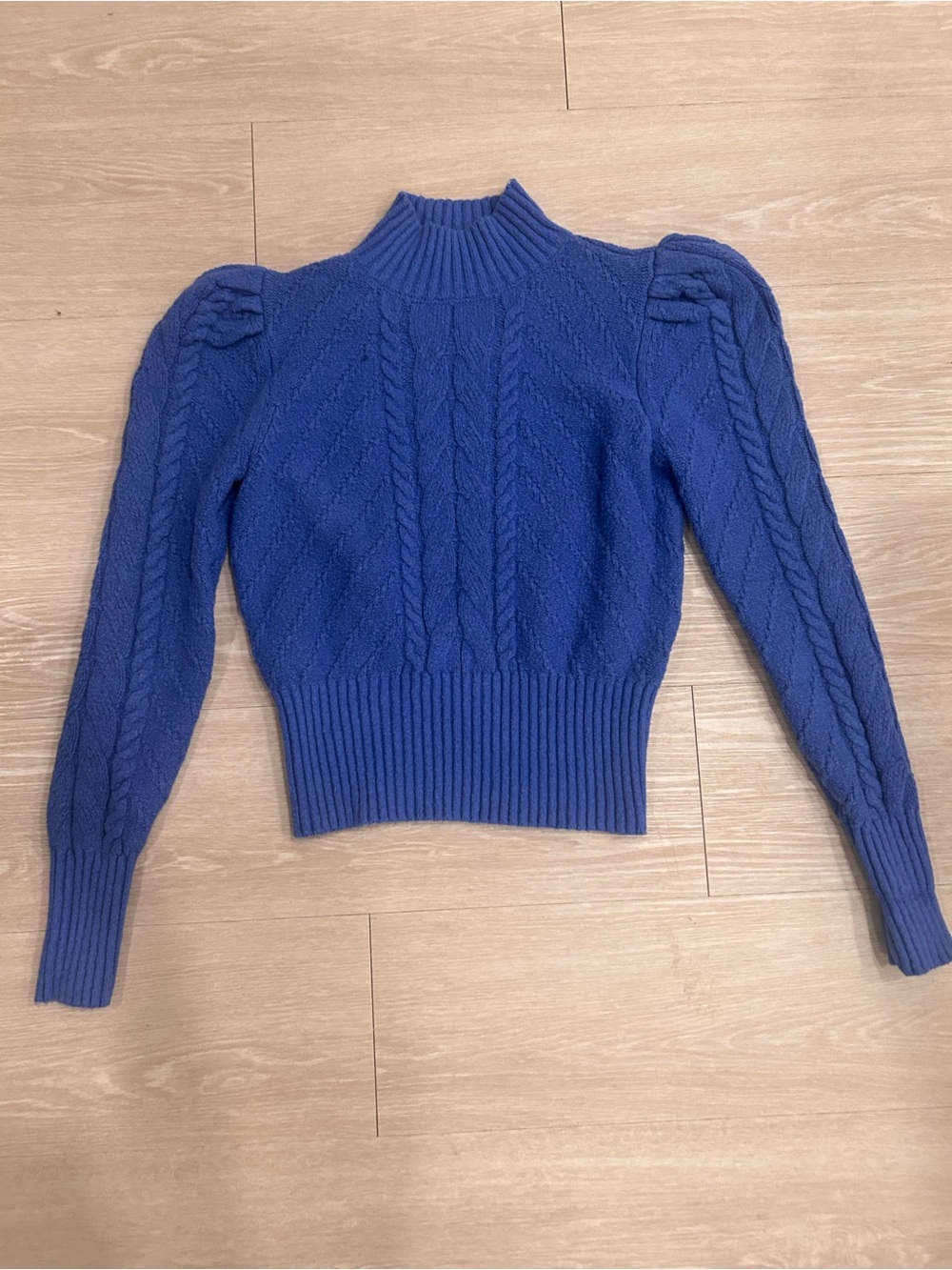 LOFT Blue Cable Knit Puff Shoulder Mock Neck Sweater